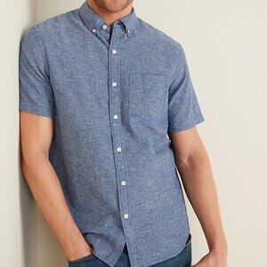 Old Navy Blue Stripe Linen Blend Button Down Shirt Classic Beach Casual